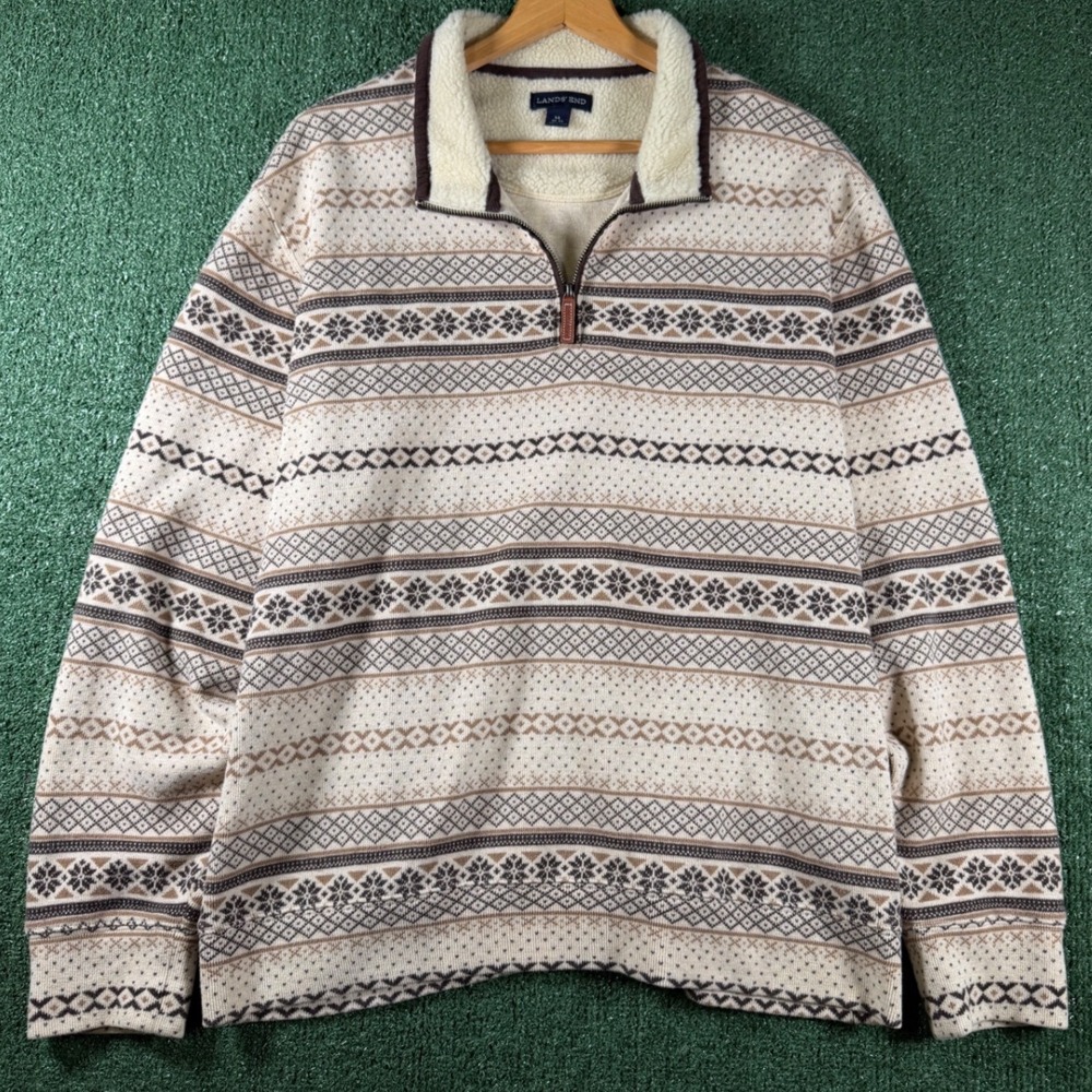 Lands End Quarter Zip Pullover Men XL Cream Brown Good Fair Isle Sherpa Collar